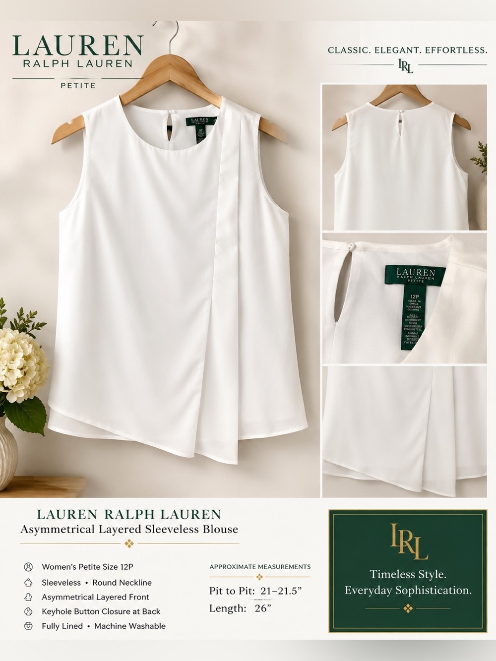 Lauren Ralph Lauren Petite 12P White Asymmetrical Layered Sleeveless Blouse